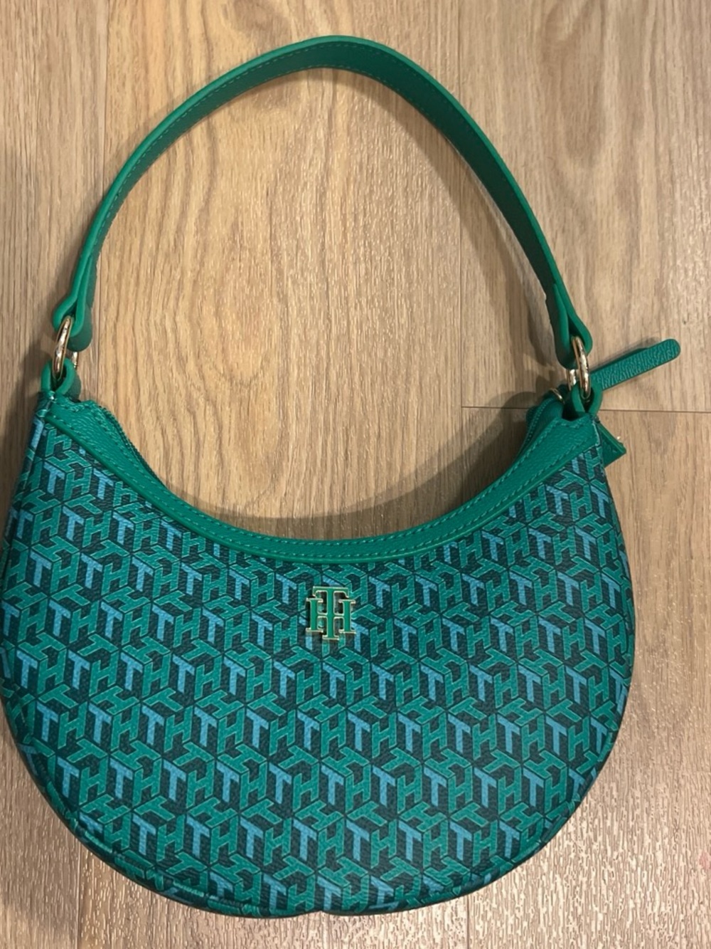 Tommy Hilfiger Green Monogram Crescent Shoulder Bag